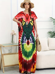 Plus o'lcham ayollar uchun tie-dye plyaj kiyimlari, bezsiz, quyoshdan himoyalovchi tunik