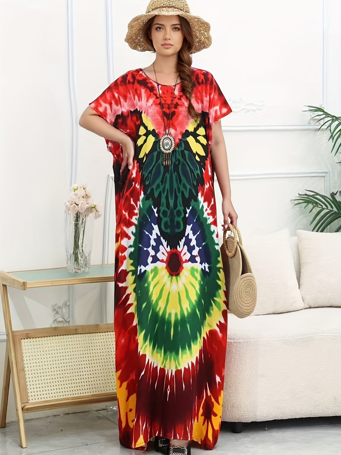 Plus o'lcham ayollar uchun tie-dye plyaj kiyimlari, bezsiz, quyoshdan himoyalovchi tunik