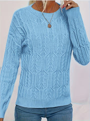 Plus Size Women's Blue Textured Cable Sweater Pullover Long Sleeve Casual Knit