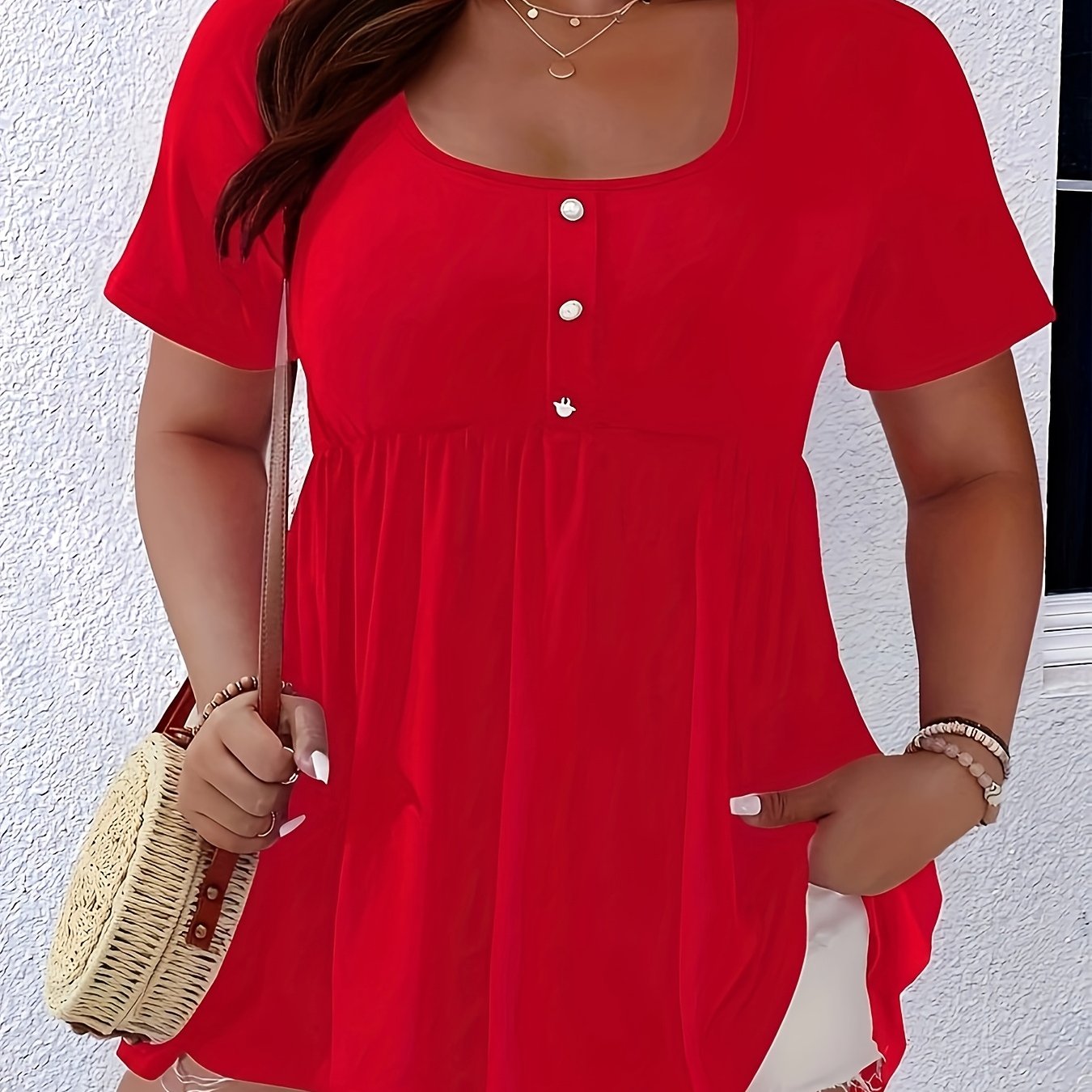 Mujer talla grande blusa de botones negra manga corta ropa casual de tela elástica