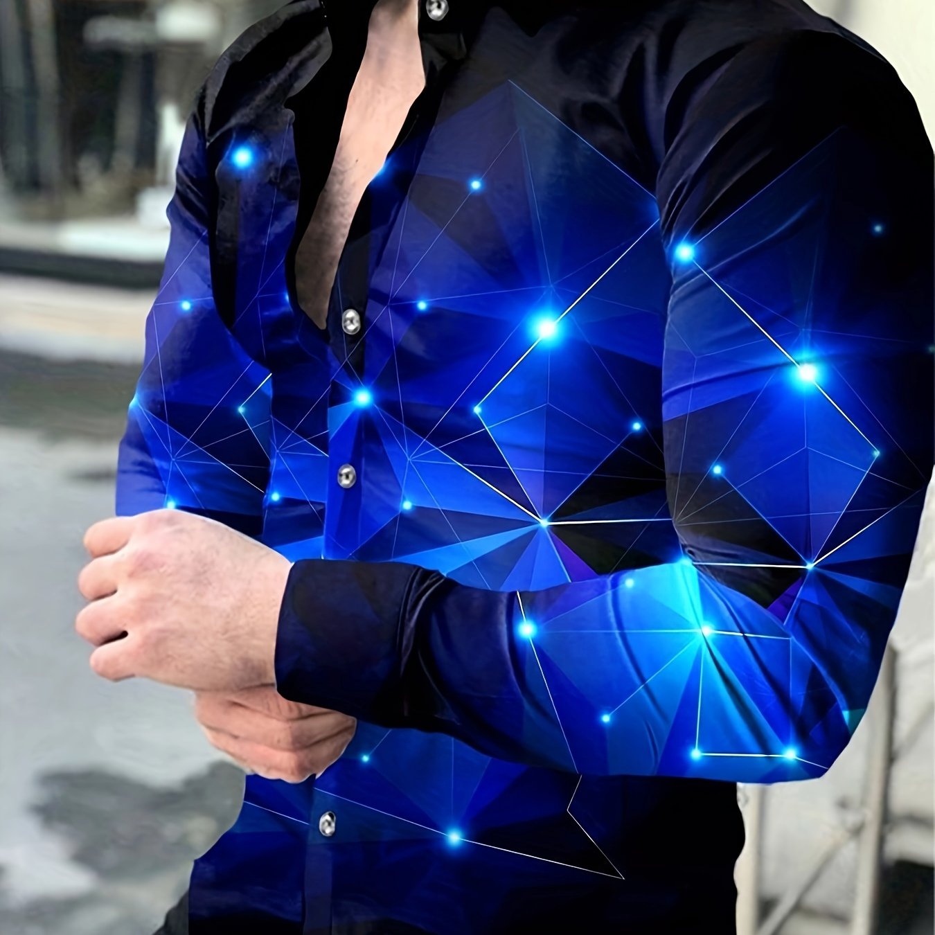 Men's Blue Starry Night Geometric Long Sleeve Shirt Polyester Casual Button-Up with Chest Pocket