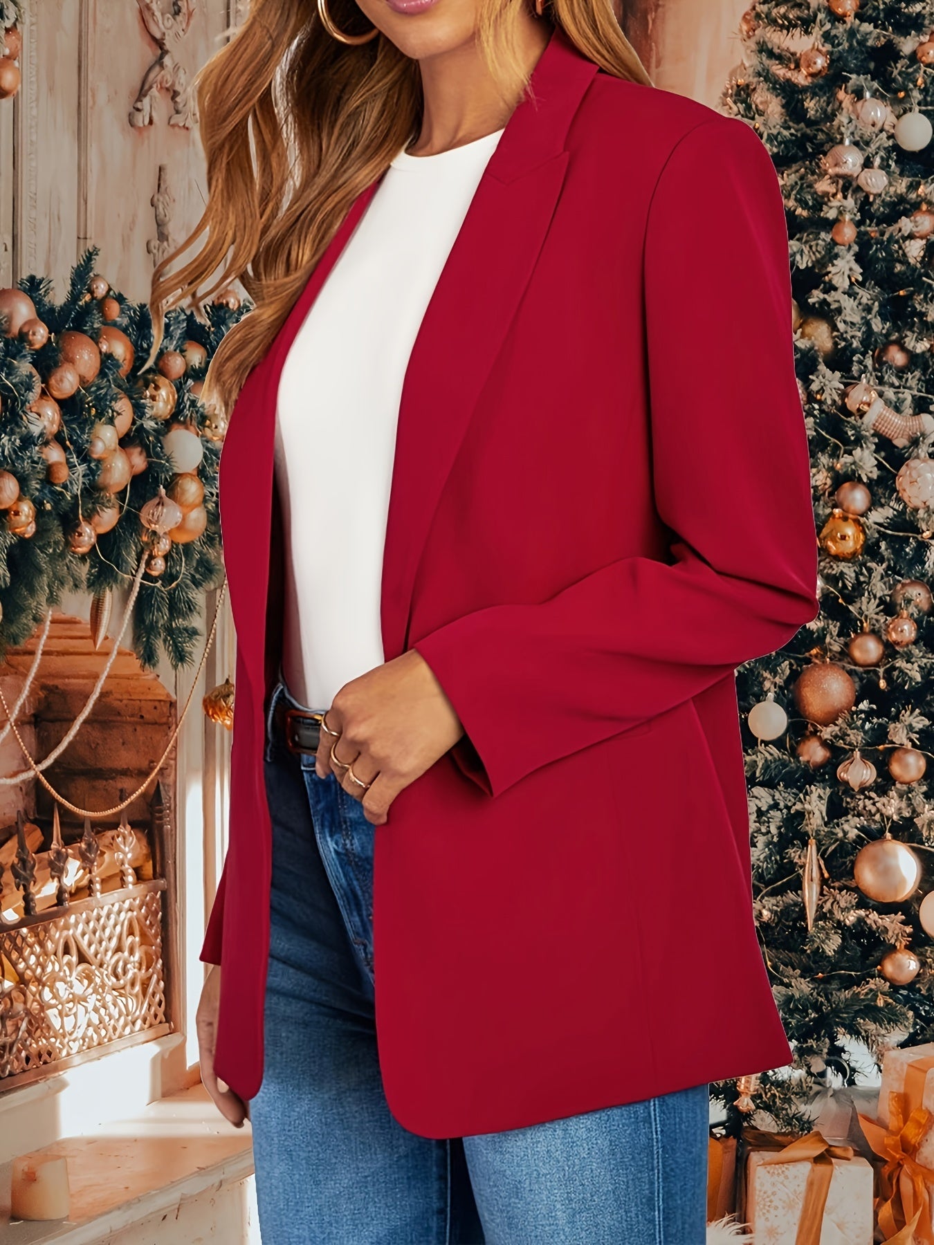 Plus Size Red Blazer with Pockets Long Sleeve Lapel Collar All-Season