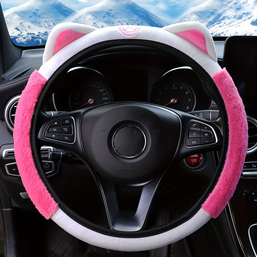 Cute Cat Plush Car Steering Wheel Cover Waterproof Non-slip 37-38cm
