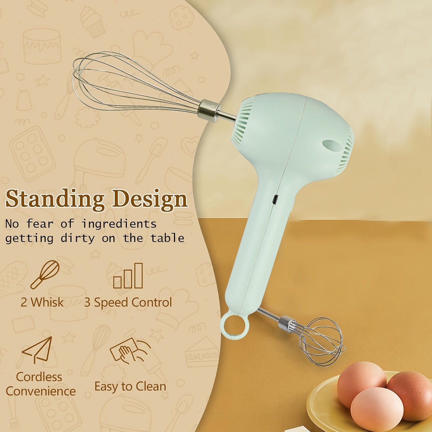 Batidora eléctrica de mano recargable, inalámbrica y portátil para hornear pasteles, galletas y muffins