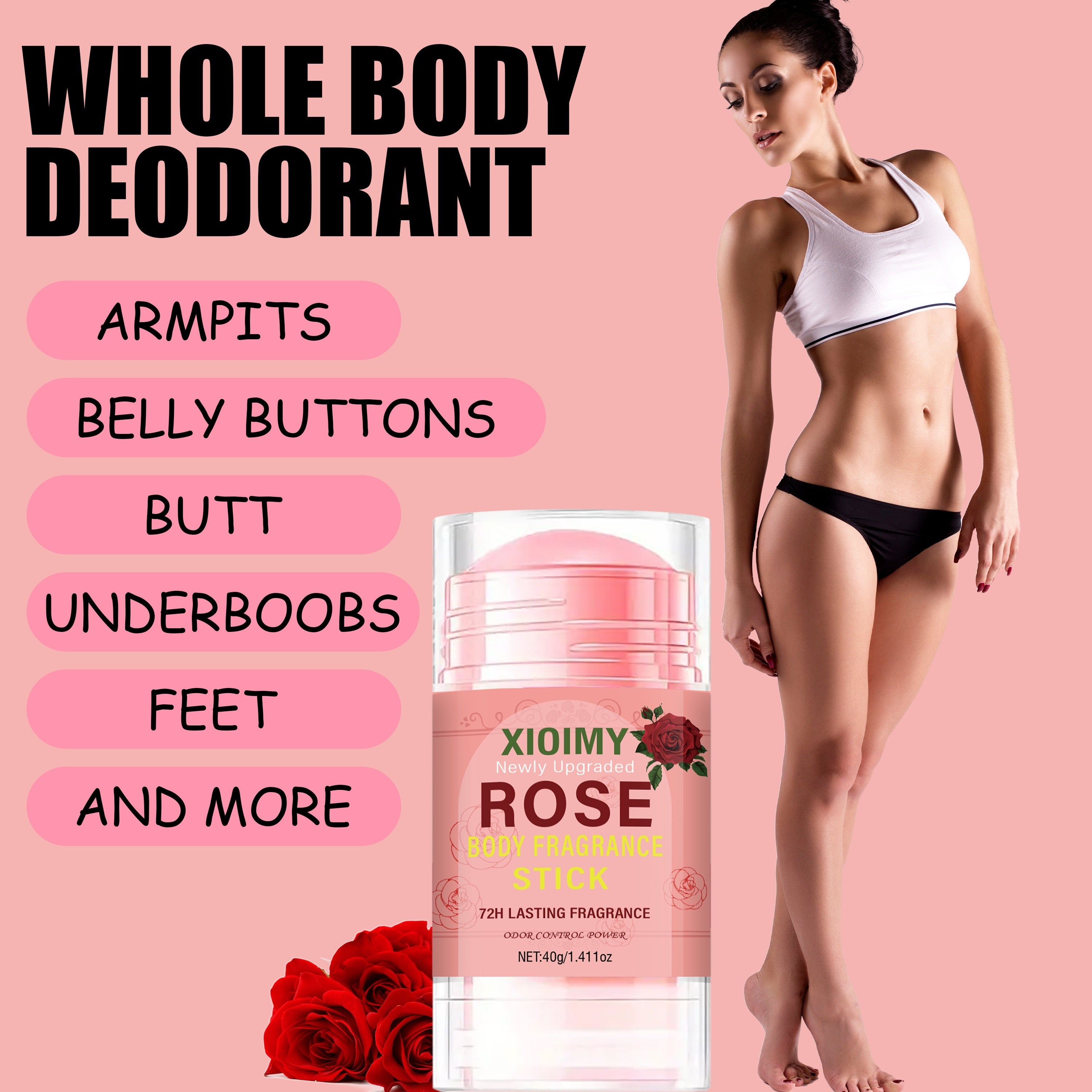 Xioimy Rose Body Fragrance Stick - Uniseks deodorant, 1.411oz, 72 soat davomida yangilik, uzoq muddatli atirgul hid, tanaga mos keladi, qattiq tana hidini va terni bartaraf etadi.
