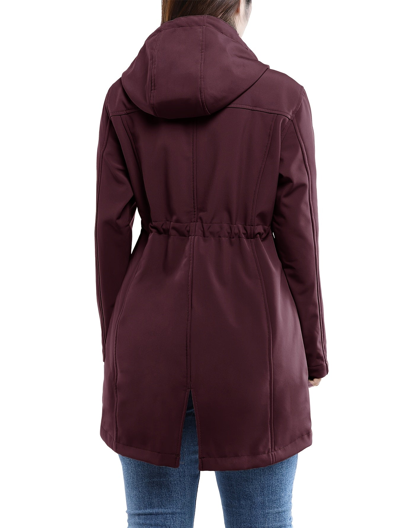 Women's Softshell Long Jacket with Hood Fleece Lined Windproof Warm Outdoor Windbreaker 33cm