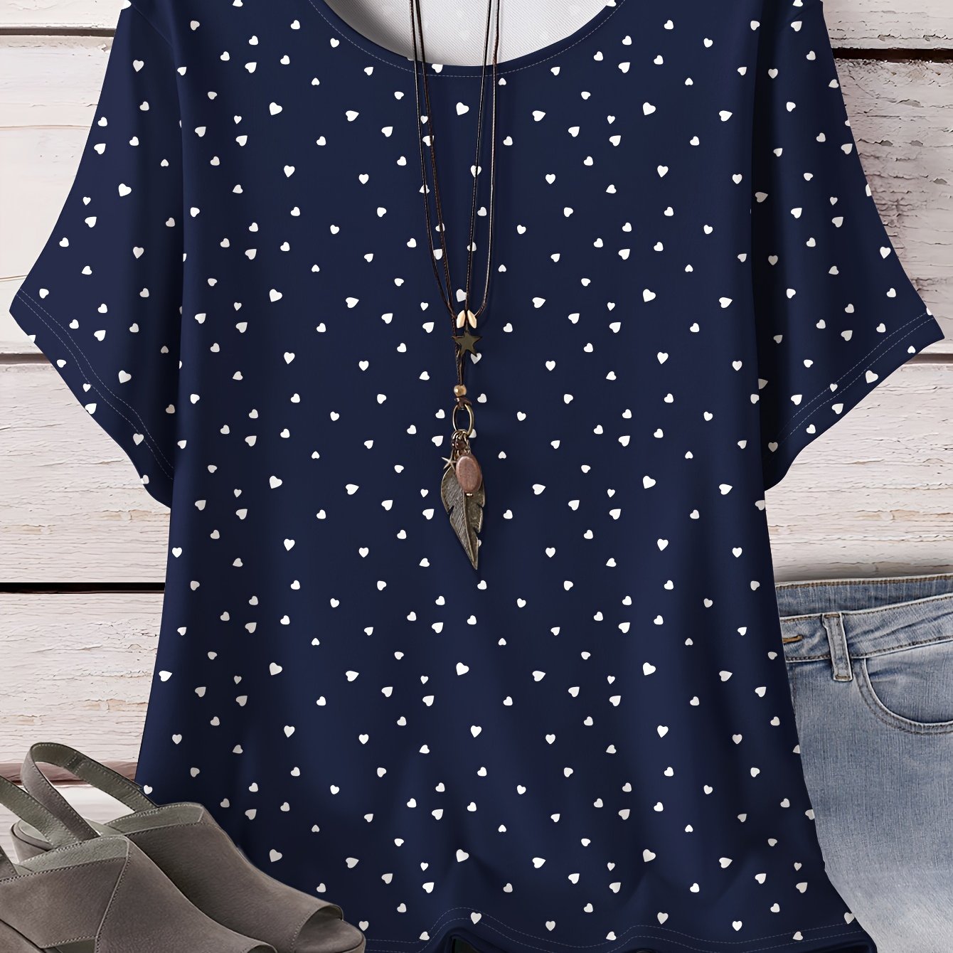 Plus Size Heart Print Casual T-Shirt for Women Polyester All Over Print