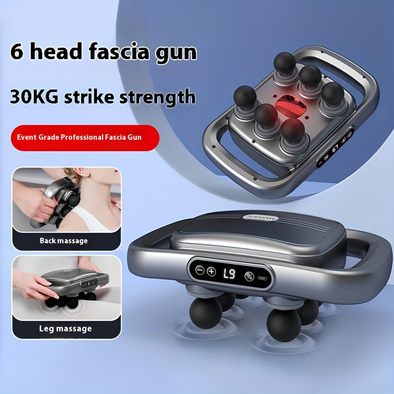 6-Head Deep Tissue Massage Gun with Quiet Motor 30KG Strike Strength 9 Intensity Levels Rechargeable Hands-Free Operation