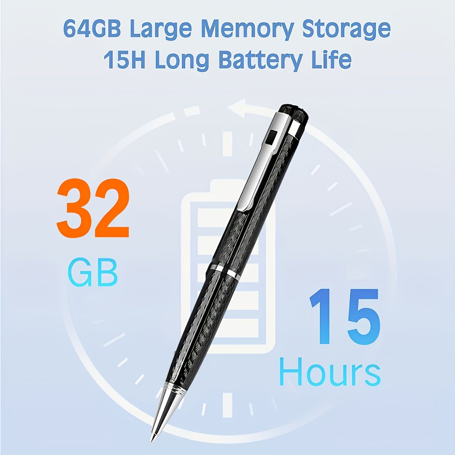 360° kondensator mikrofonli, qayta zaryadlanadigan batareyali, omnidireksional qabul qiluvchi, USB/batareya ikki quvvat rejimiga ega portativ raqamli ovoz yozuvchi qalam.