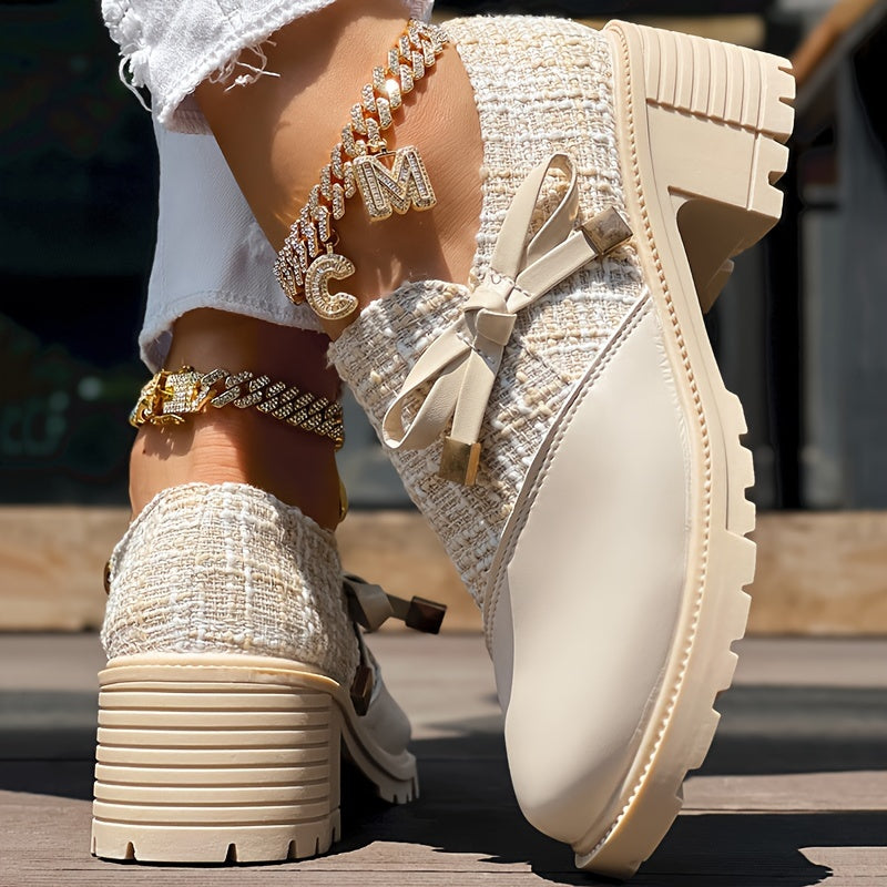 Women's Colorblock Dress Shoes with Bowknot Zipper Chunky Heel