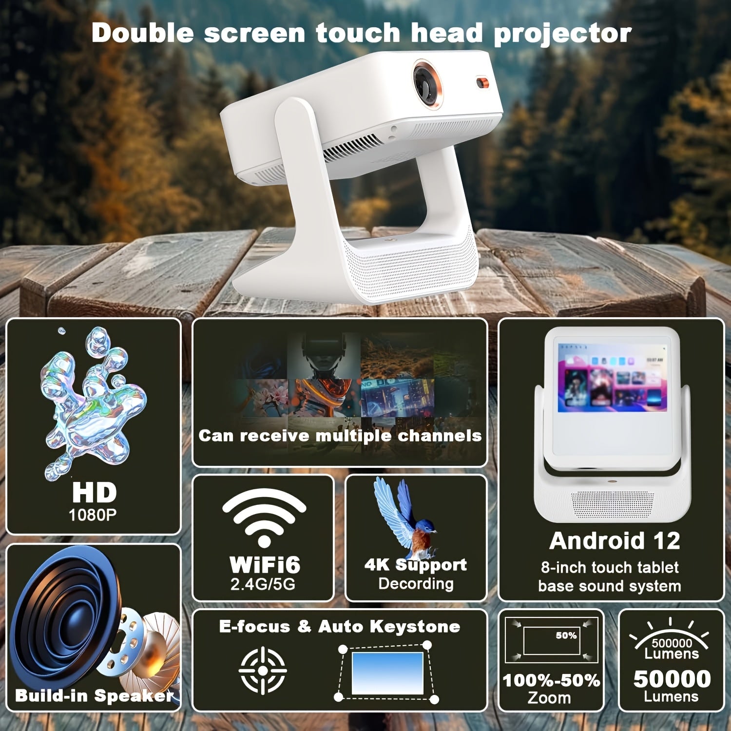 8-Inch Smart 4K Support Projector With HD 1080P, Android 12, WIFI6