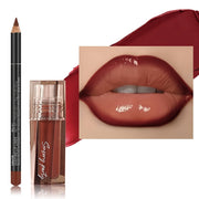 Women Lip Gloss and Lip Liner Set Dewy Finish Brown Long-Lasting Matte