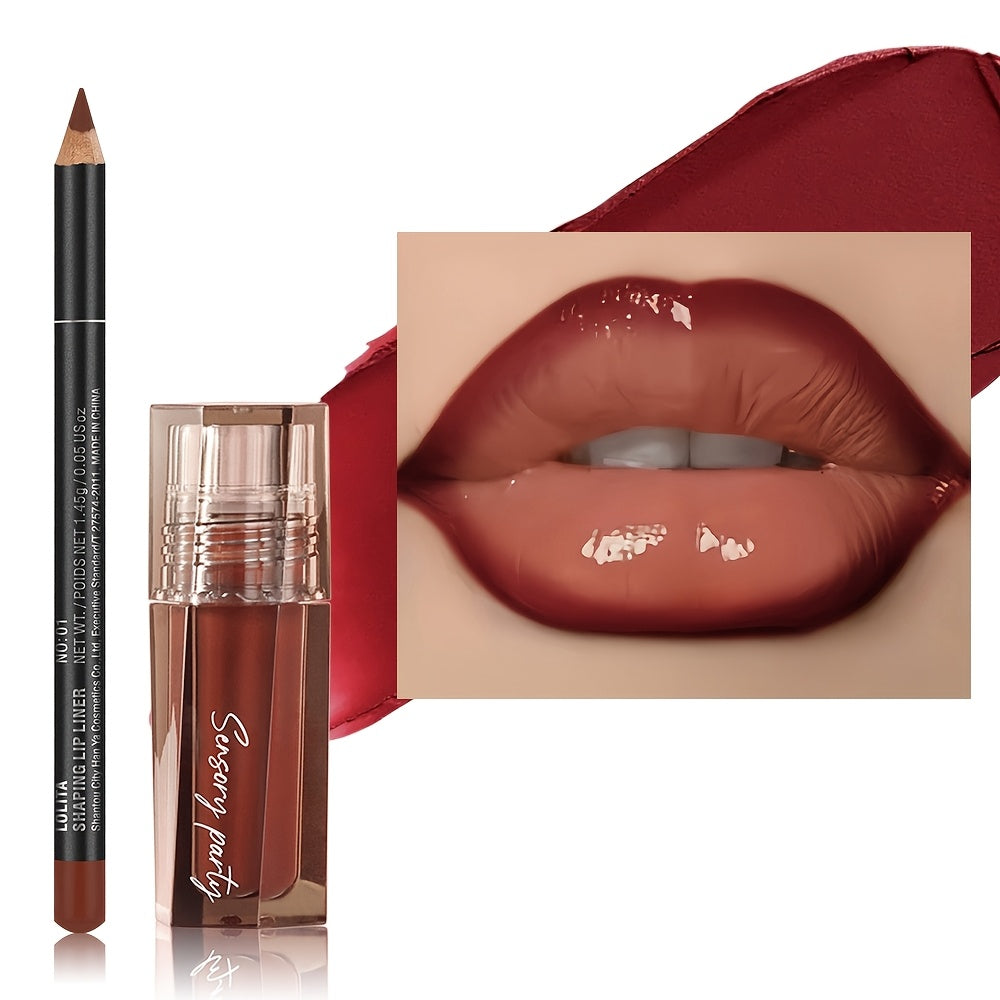 Women Lip Gloss and Lip Liner Set Dewy Finish Brown Long-Lasting Matte