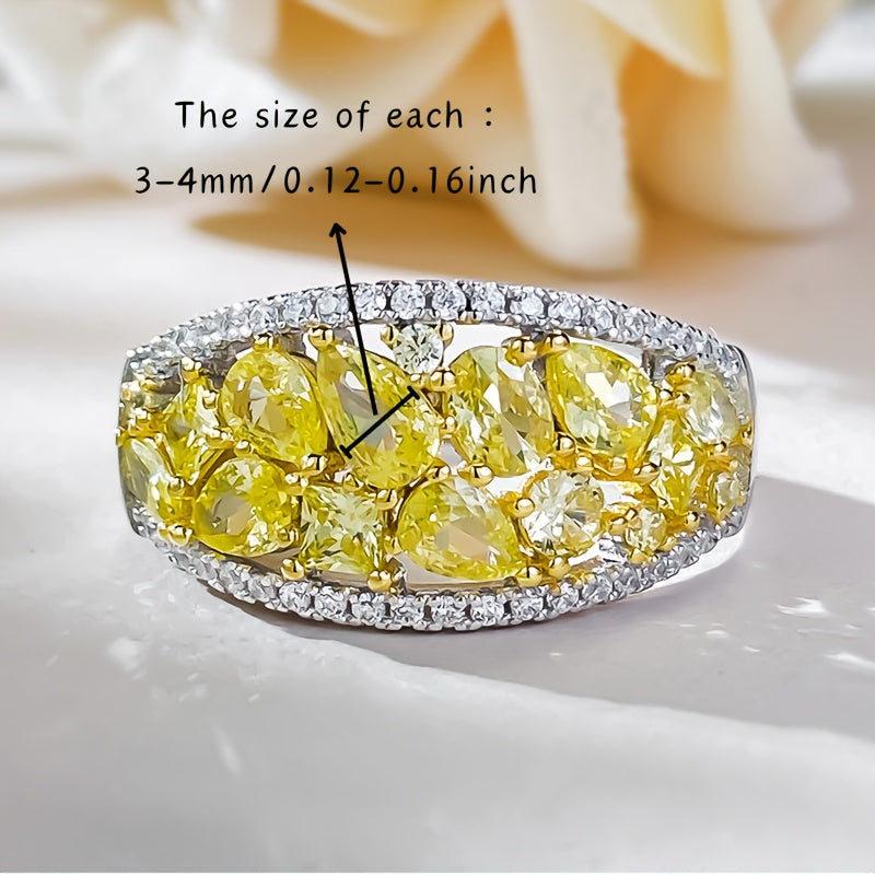 Сногсшибательное праздничное кольцо из 925-й стерлинговой серебра с желтыми бриллиантами и белым цирконием - идеально для праздничных мероприятий и торжеств - поставляется в подарочной коробке