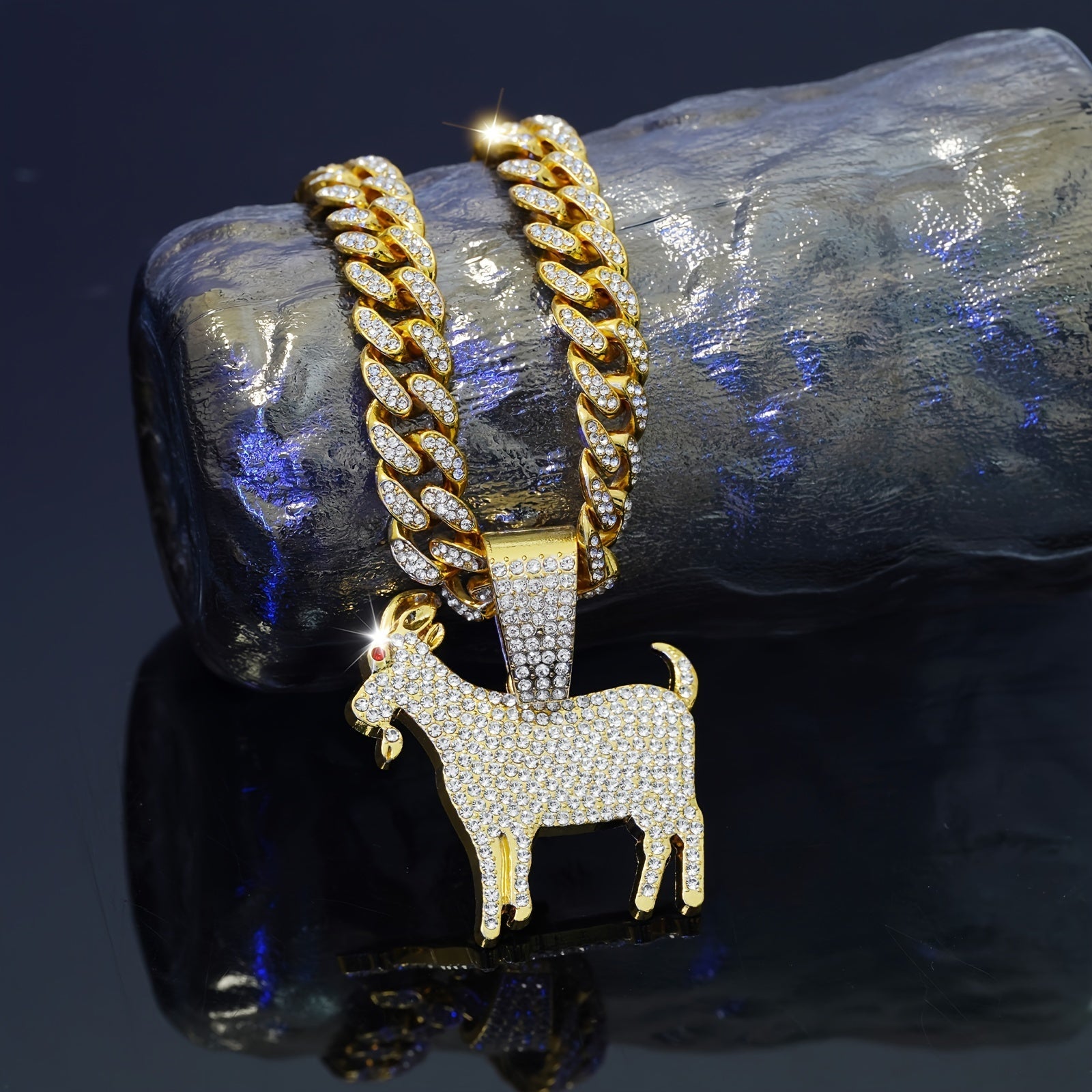 Vintage Tribal Goat Pendant Necklace, featuring a Hip Hop Y2K Miami Cuban Chain and Zinc Alloy with Rhinestone Accents. Perfect for parties, music festivals, or as a Spring Festival gift. This all-season accessory boasts a versatile and modern design.