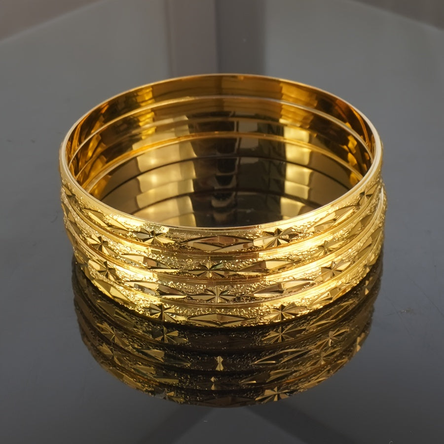 4 ta Bohemia hashamatli bilaguzuklar to'plami, 24K oltin qoplangan mis, 6mm keng, Uniseks dizayn, O'rta Sharq Afrika Dubay uslubi, to'y partiyasi zargarlik sovg'alari uchun ideal, barcha mavsumlar uchun mos