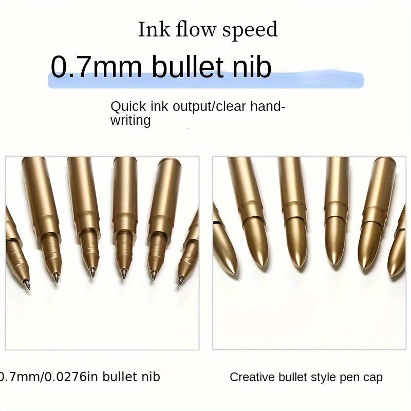 Set of 6 Golden Bullet Shaped Ballpoint Pens with Click-Off Cap Blue Ink Medium Point