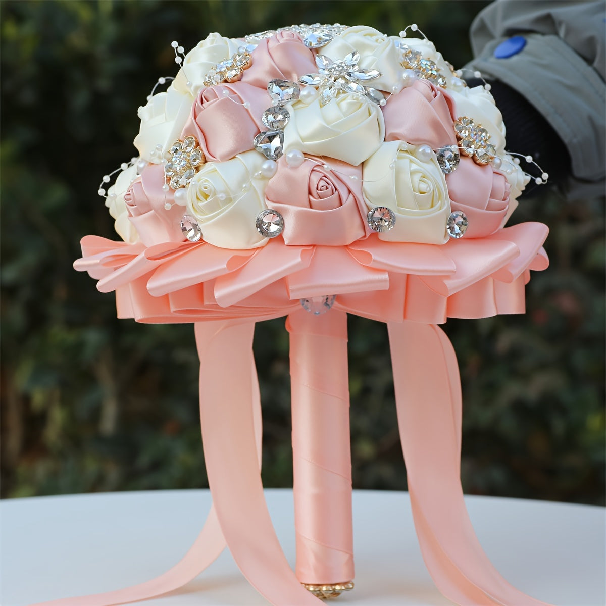 Handmade Wedding Bouquet Satin Flowers Rhinestones Faux Pearls for Bride Bridesmaids