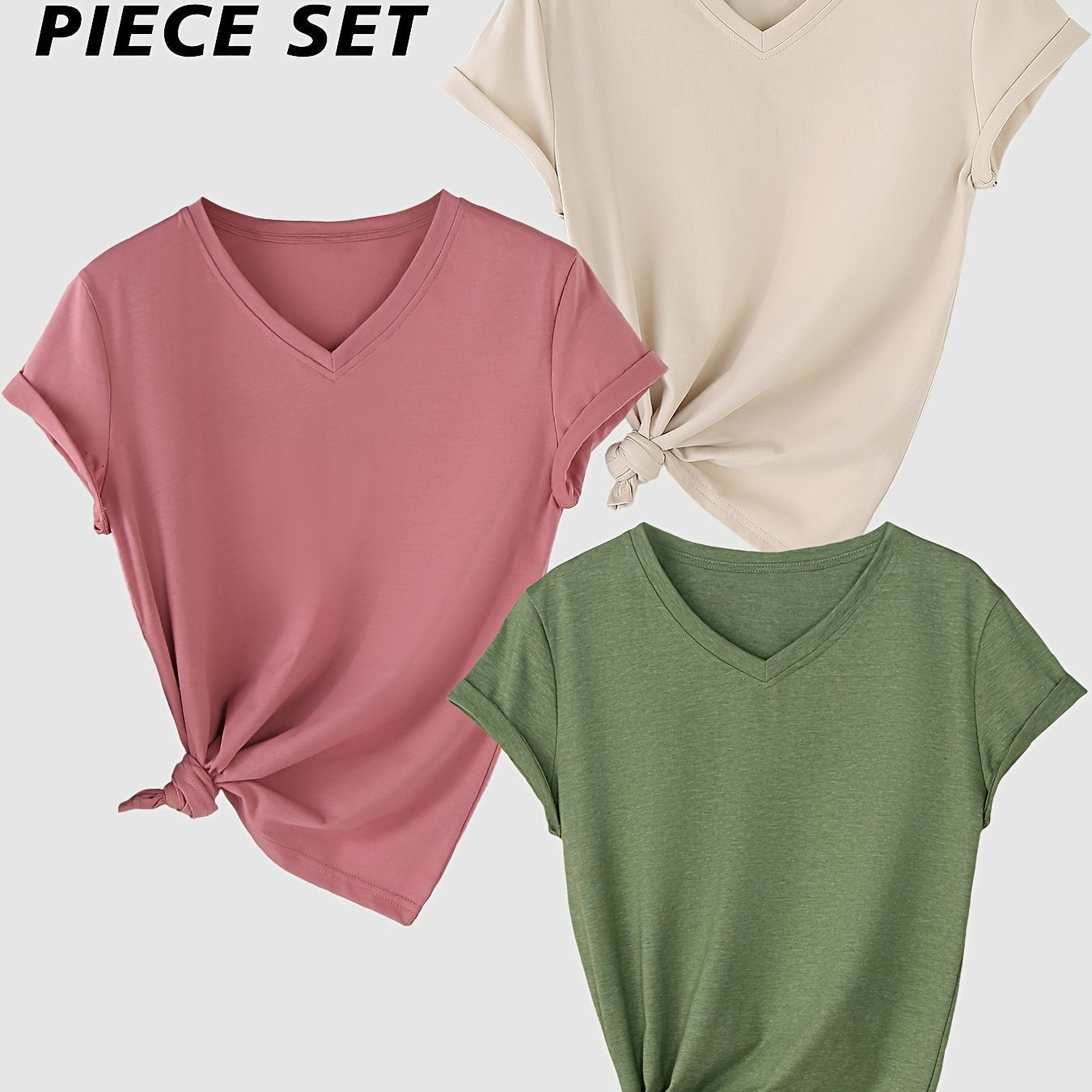 Short Sleeve V-Neck T-Shirt Set for Women Solid Color Rayon Casual Regular Fit