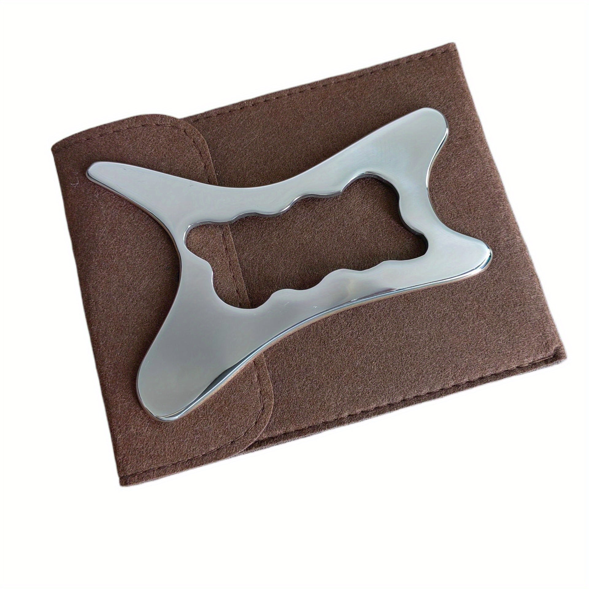 Herramienta de Gua Sha con forma de hueso de acero inoxidable para masaje facial y corporal con funda de imitación cuero