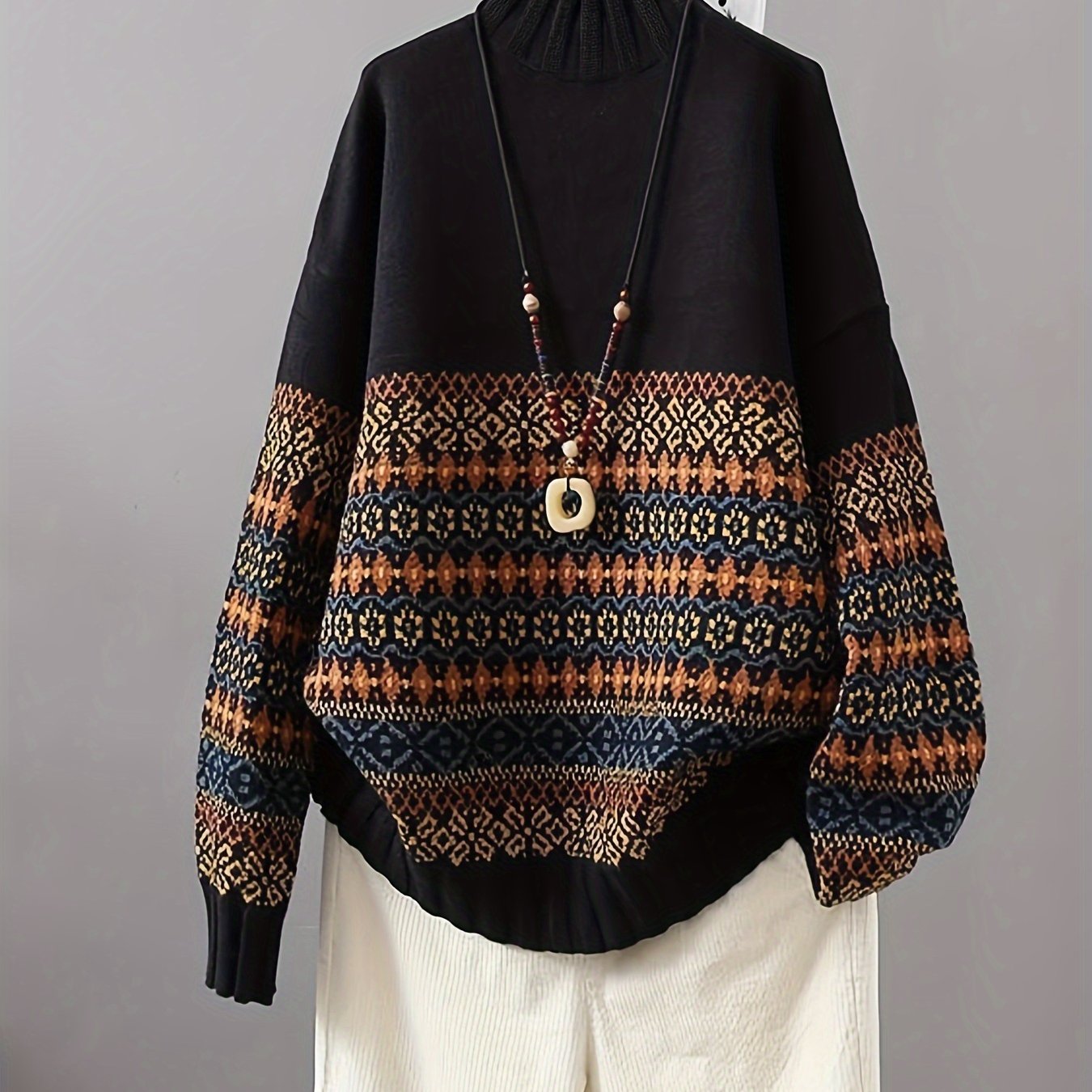 Suéter de talla grande para mujer con patrón geométrico, manga larga, cuello alto y estilo pullover