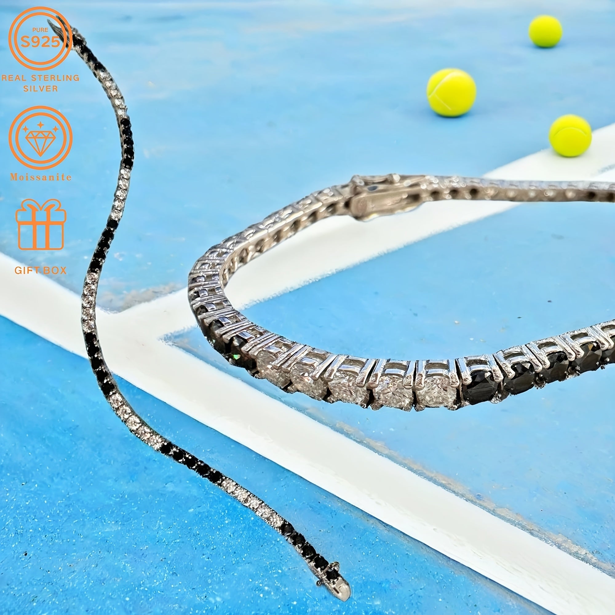 Silver Moissanite Tennis Bracelet Black and White Square Pattern for Women