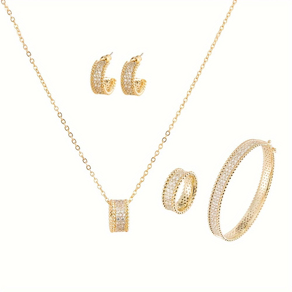 Women's Gold Plated Copper Jewelry Set with Synthetic Zirconia Necklace Earrings Bracelet Ring