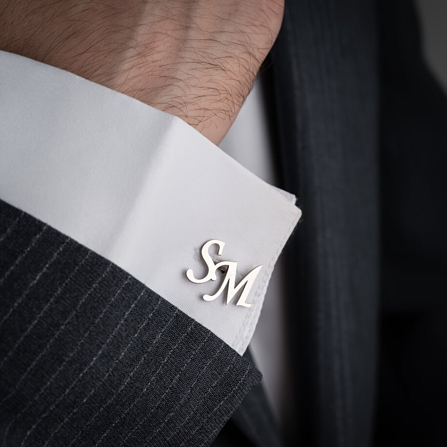 Men's Stainless Steel Custom Initial Cufflinks White and Golden Letter Sleeve Buckles