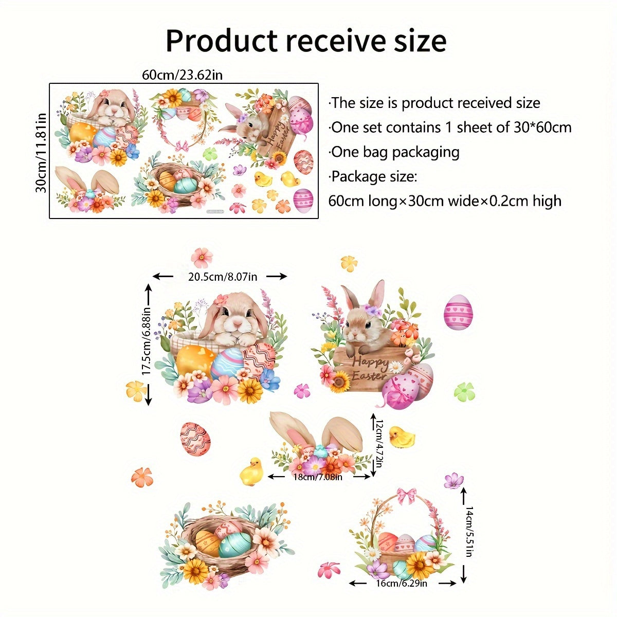 Easter Bunny and Eggs Window Clings Reusable PVC Static Decals 30x60cm