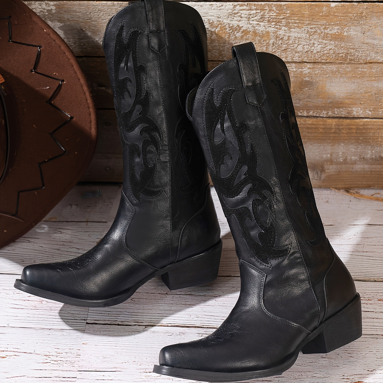 Women's Western Cowboy Boots Mid-Calf Square Toe Casual Rubber Sole