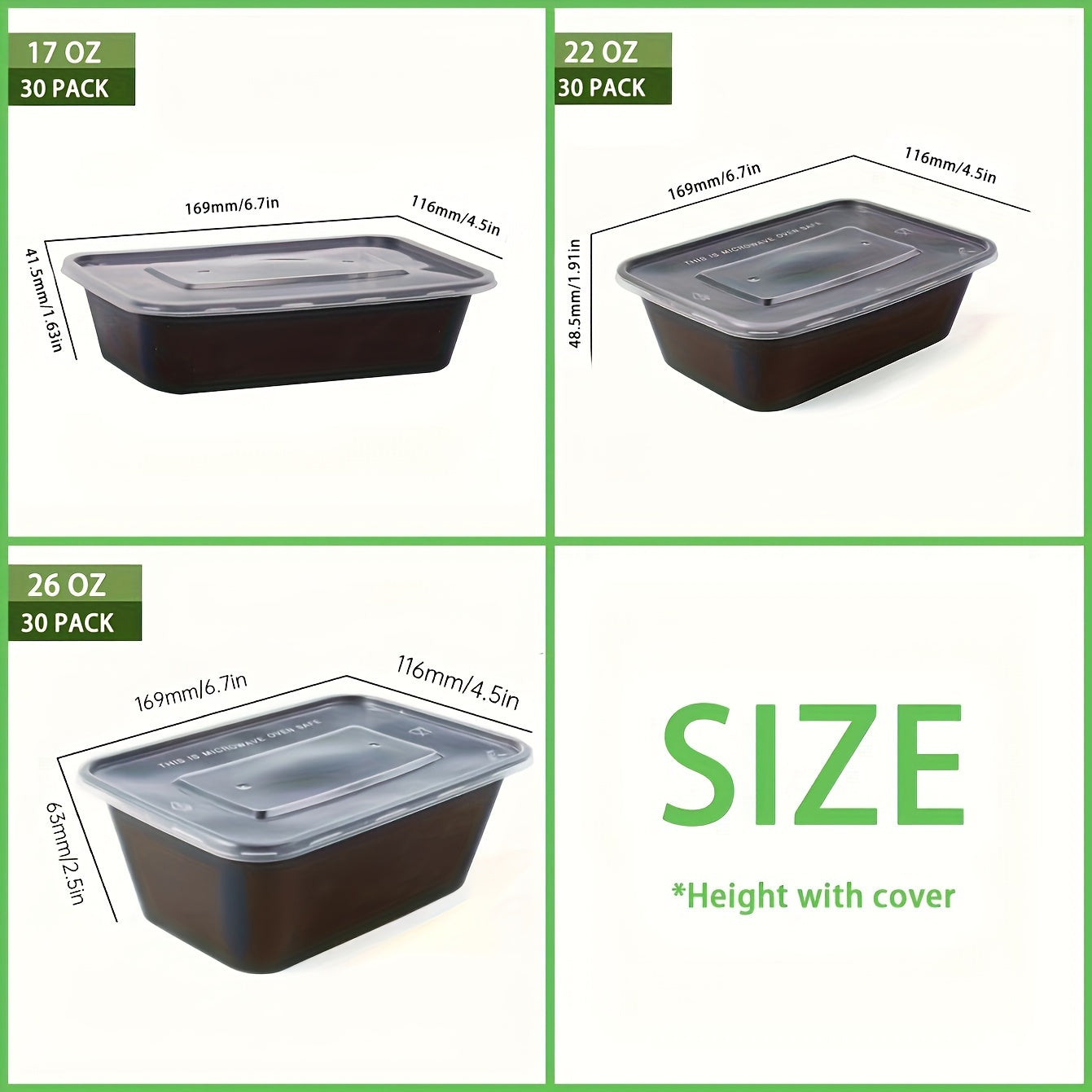 30 Pack Black Plastic Food Storage Containers with Lids, Leakproof, Microwave Safe