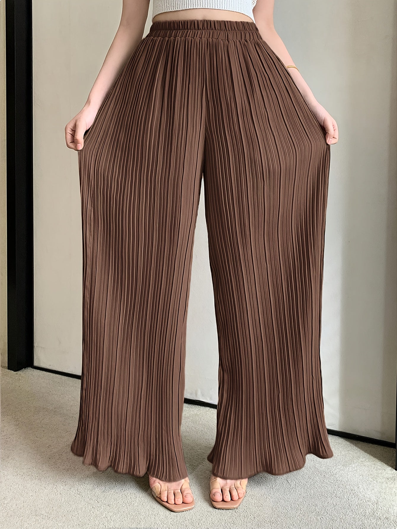 Women's Plus Size Wide-Leg High-Waisted Pants Elastic Waist Pleated