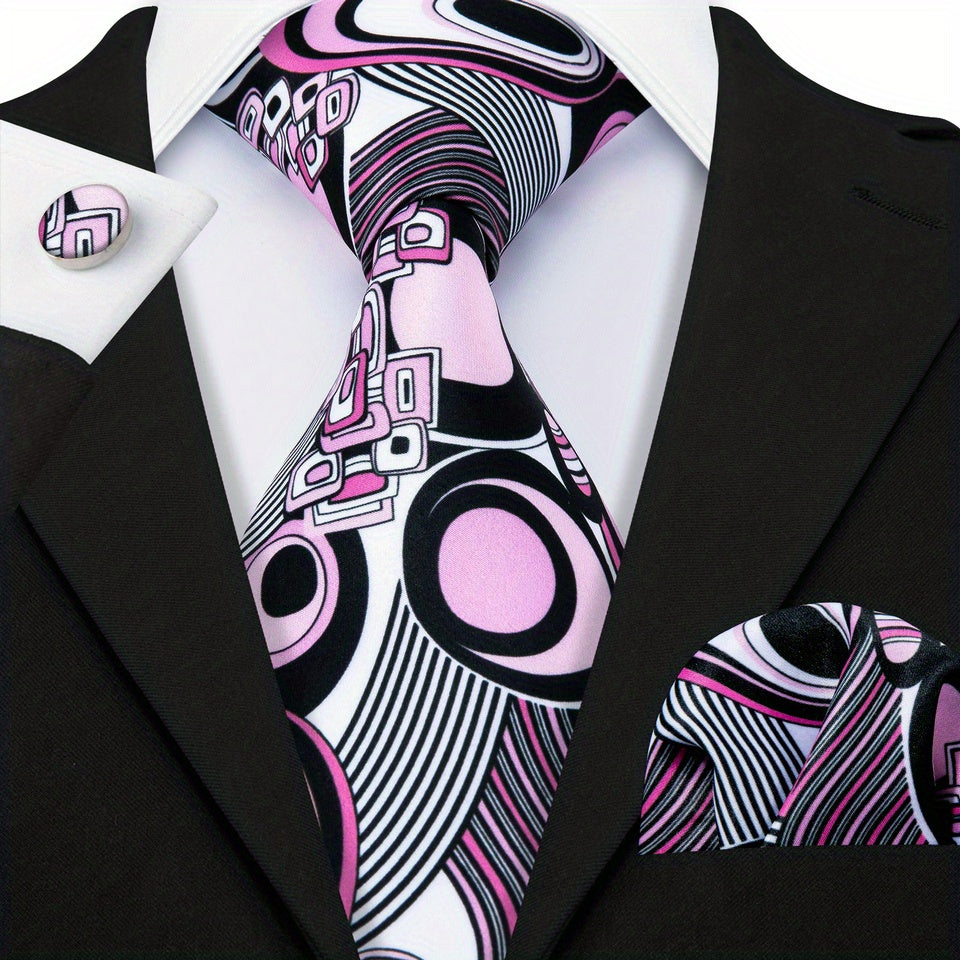 Men's Formal Wedding Tie Set with Jacquard Striped Necktie Pocket Square and Cufflinks