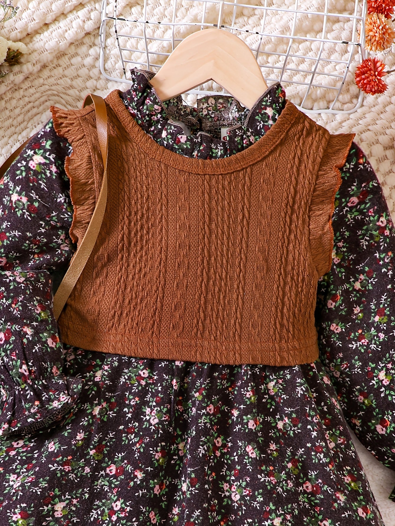 Girls Cotton Knit Vest and Floral Dress Set for Fall Winter