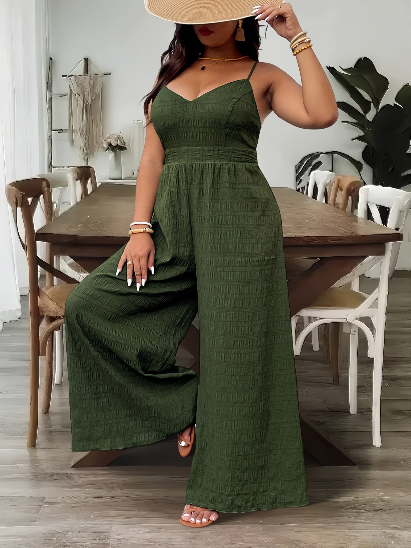 Mono de mujer verde de poliéster con escote en V y pantalones anchos