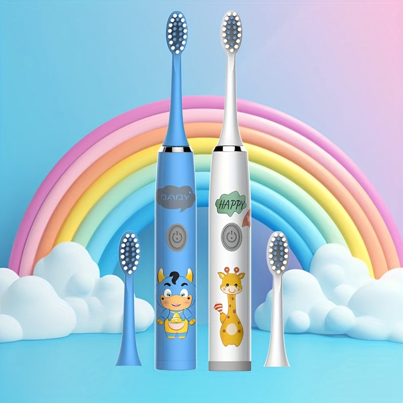 Электрическая зубная щетка для детей с 4 насадками, мягкая щетина, работает на батарейках
