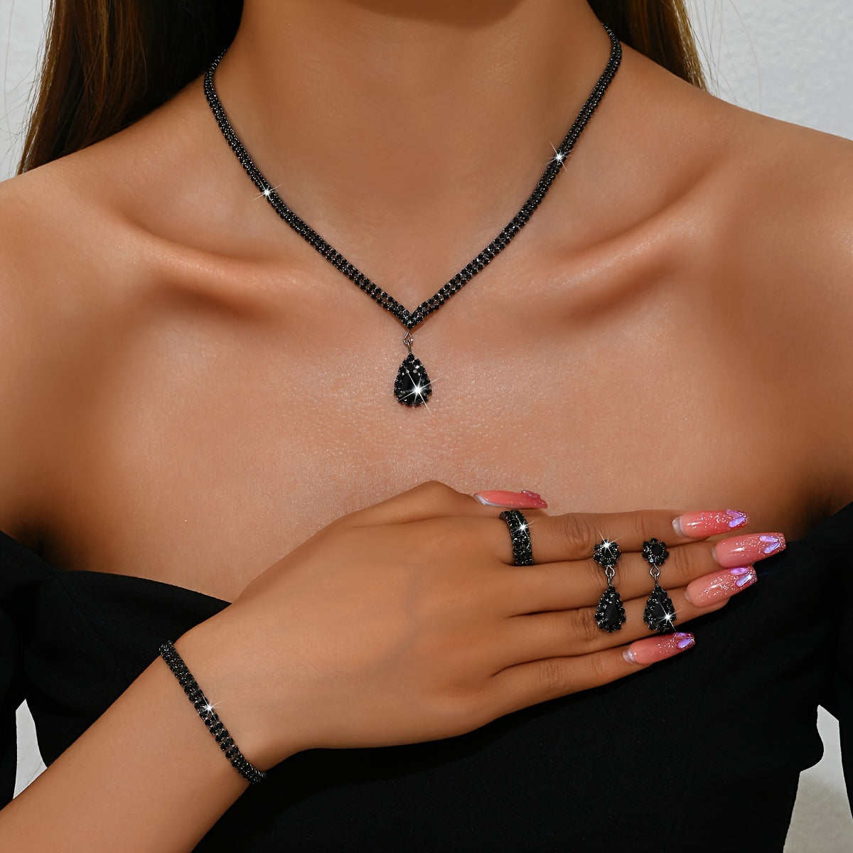 Silver-Plated Copper Jewelry Set with Rhinestones Necklace Bracelet Earrings Ring for Weddings and Parties