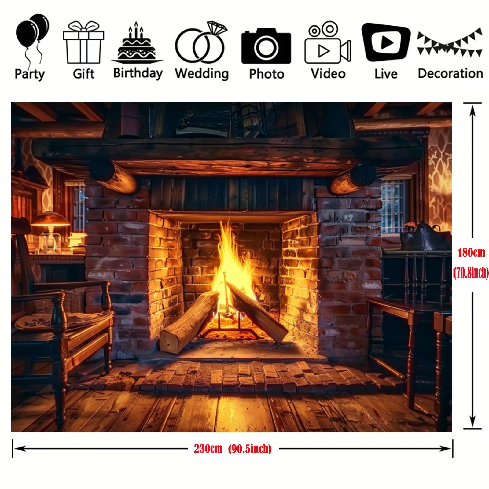 Realistic Fireplace Polyester Backdrop with Burning Wood Design in Multiple Sizes