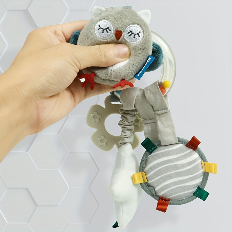 Baby Car Seat Toy Plush Mobile with Mirror Teething Ring Textured Beads for Stroller and Crib