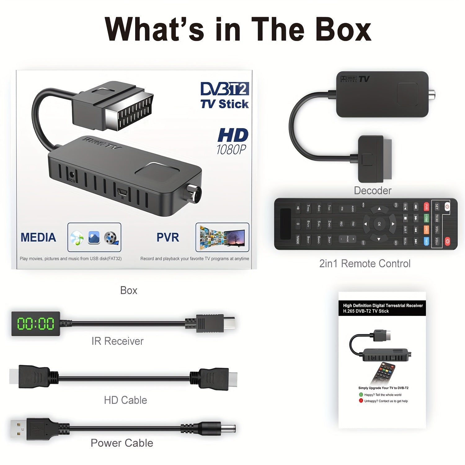 Mini DVB-T2 TV Stick with H.265 HEVC Decoding Scart Output Dolby Audio USB Multimedia PVR Recording
