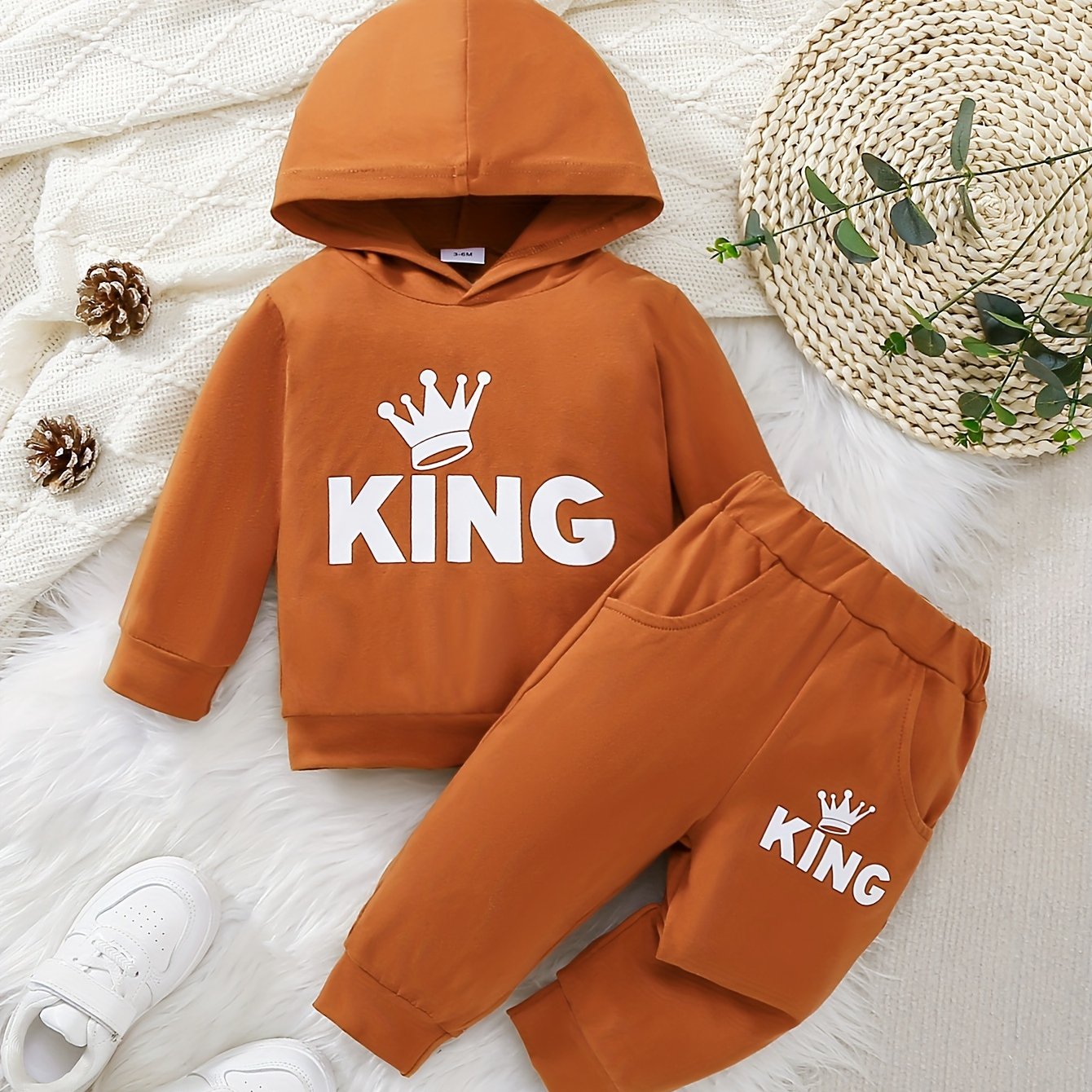 Baby Boy's Casual Outfit Set Cotton Hooded Sweatshirt and Pants with KING Print