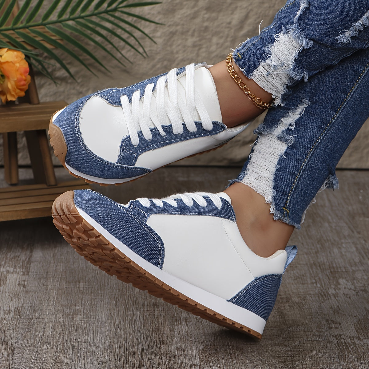 Women Blue Fabric and White PU Slip-On Sneakers Universal Breathable Low Top Comfort