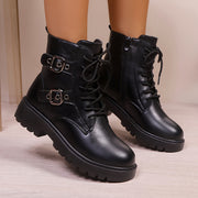 Women's Black Leather Ankle Boots with Side Zipper and Slip-Resistant Sole