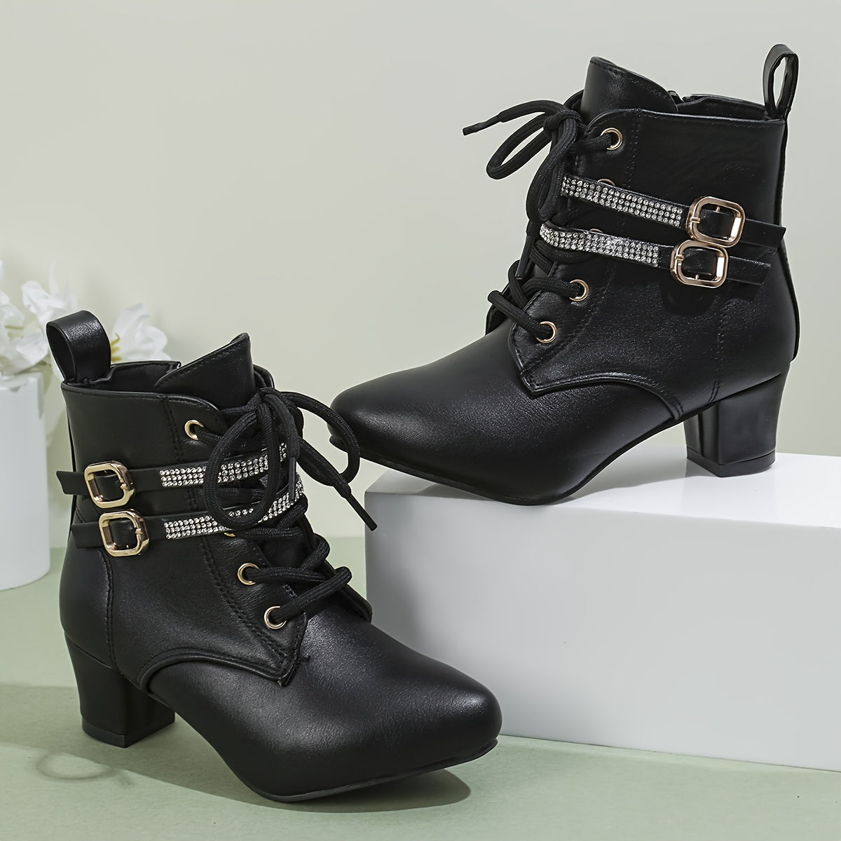 Women's White Ankle Boots with Golden Buckles Side Zipper Chunky Heel