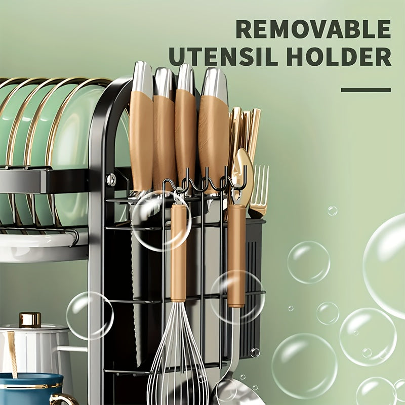 Modern 3-Tier Metal Dish Rack with Drainboard Utensil Holder and Cup Stand