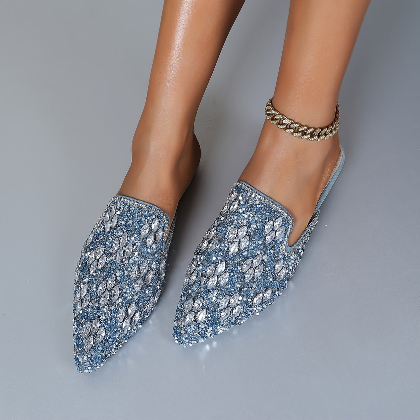 Women's Rhinestone Loafers with Fabric Upper Non-Slip Rubber Sole Flat Heel