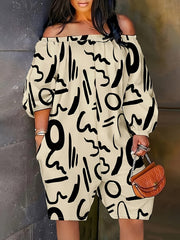 Mono de verano casual para mujer de talla grande con escote en los hombros y estampado abstracto en color beige de poliéster