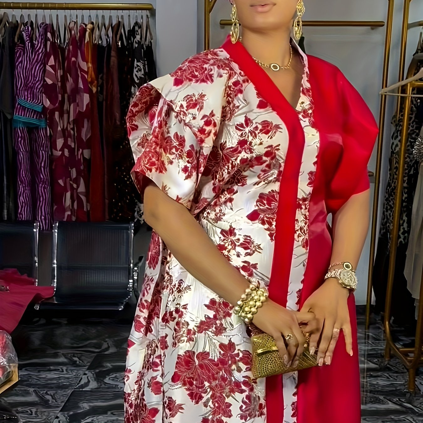 Women's Plus Size V-Neck Sequin Long Dress, Loose Fit, All Seasons