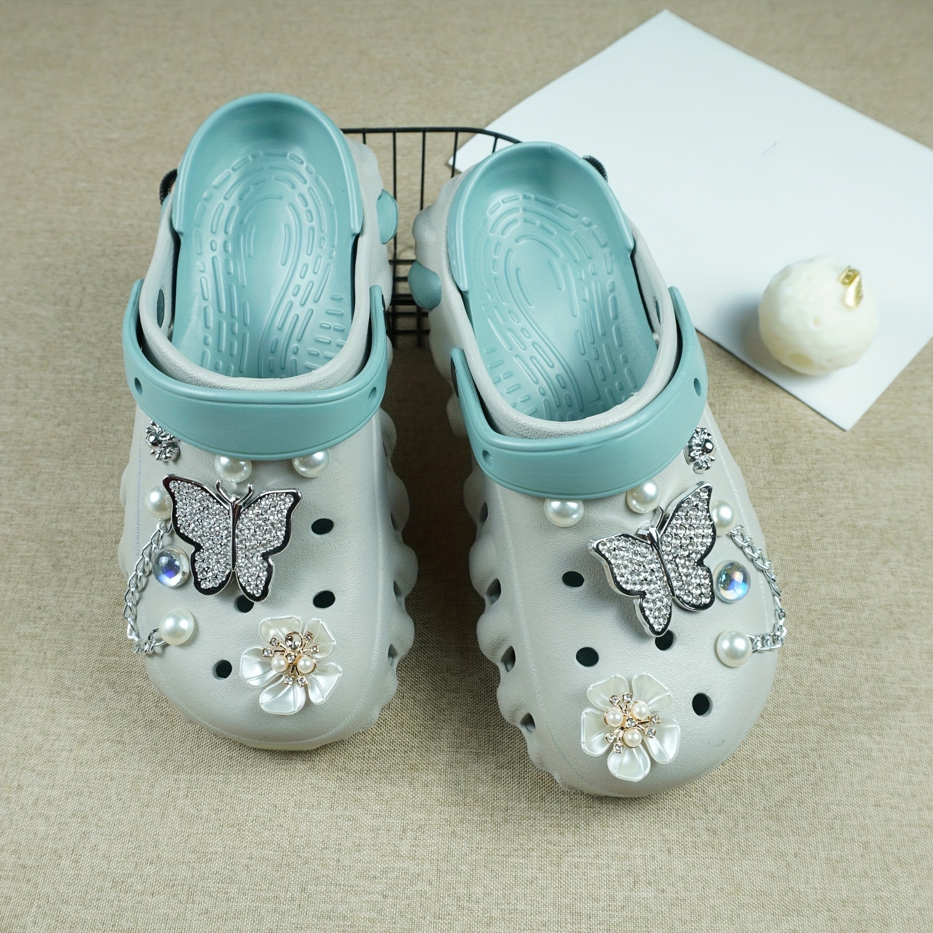 Women's Color-Block EVA Clogs with Rhinestone Butterfly and Flower Charms