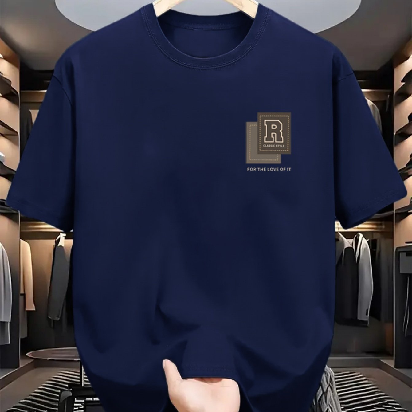 Men's Cotton Casual T-Shirt with R Print Crew Neck Short Sleeve All-Season